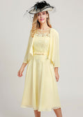 Wedding Guest Dresses Yellow Chiffon Elegant A-line Scoop Neck Sleeveless Lace Applique Sashes With Long Sleeves Jacket Two-Piece Tea-Length Hot Sale Mother of the Bride Dress