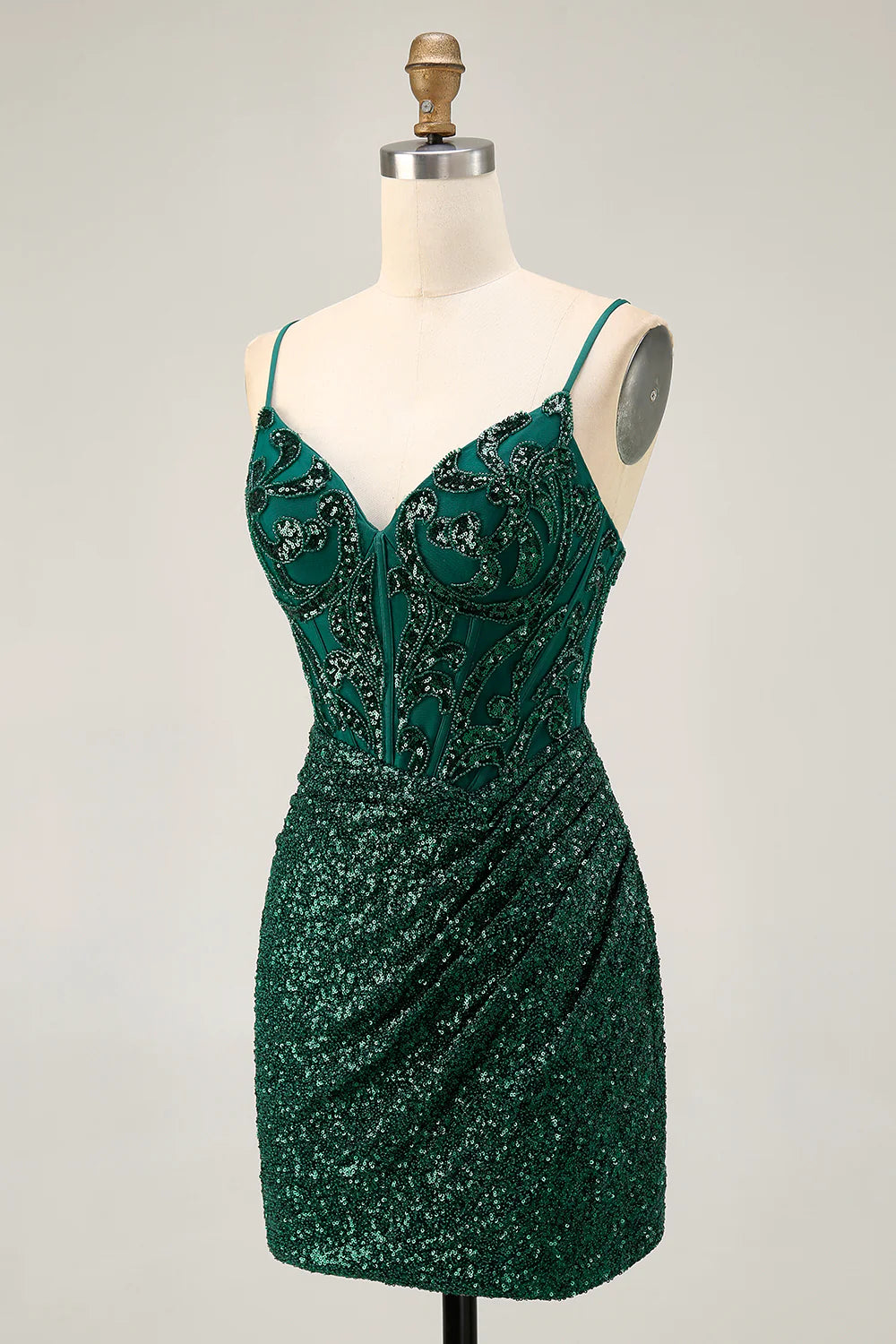 Exquisite Short Dress Sparkly Dark Green Sequins Bodycon V-Neck Spaghetti Strap Sleeveless Beading Pleated Backless Hot Sale Homecoming Dress