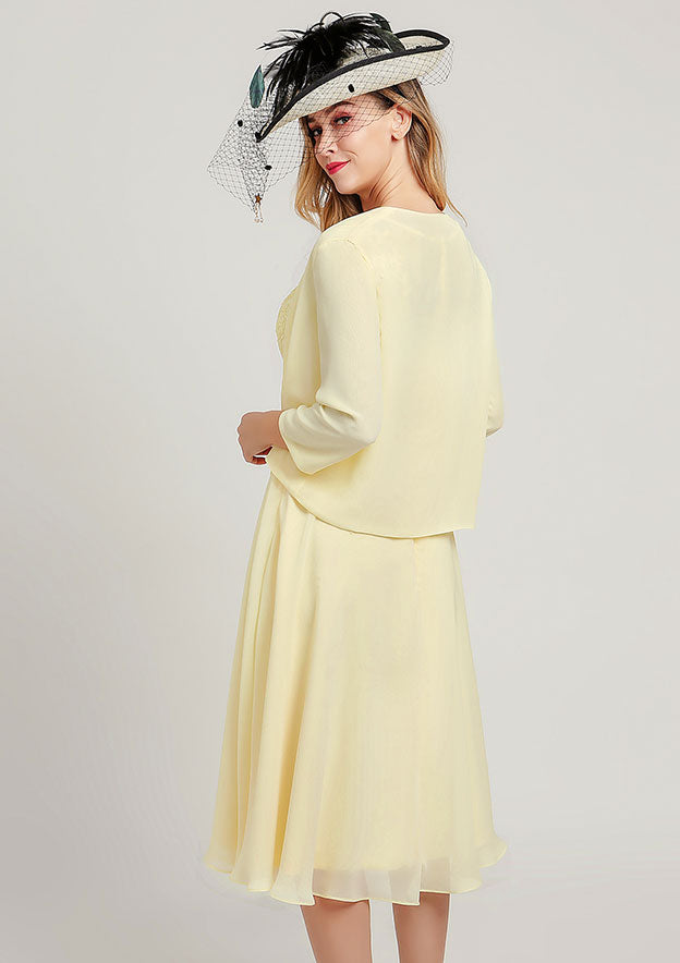 Wedding Guest Dresses Yellow Chiffon Elegant A-line Scoop Neck Sleeveless Lace Applique Sashes With Long Sleeves Jacket Two-Piece Tea-Length Hot Sale Mother of the Bride Dress