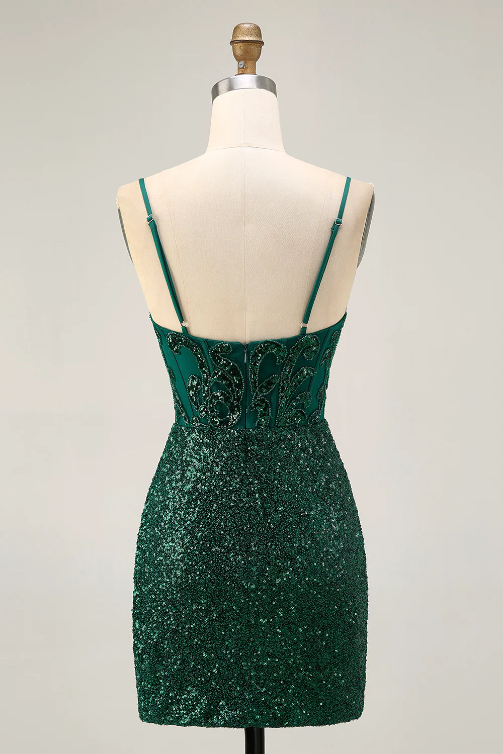 Exquisite Short Dress Sparkly Dark Green Sequins Bodycon V-Neck Spaghetti Strap Sleeveless Beading Pleated Backless Hot Sale Homecoming Dress