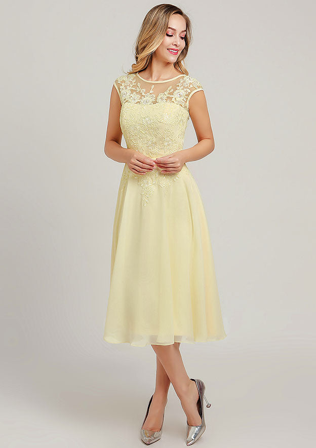 Wedding Guest Dresses Yellow Chiffon Elegant A-line Scoop Neck Sleeveless Lace Applique Sashes With Long Sleeves Jacket Two-Piece Tea-Length Hot Sale Mother of the Bride Dress