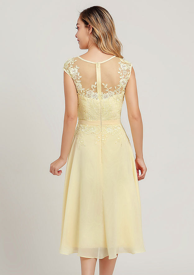 Wedding Guest Dresses Yellow Chiffon Elegant A-line Scoop Neck Sleeveless Lace Applique Sashes With Long Sleeves Jacket Two-Piece Tea-Length Hot Sale Mother of the Bride Dress