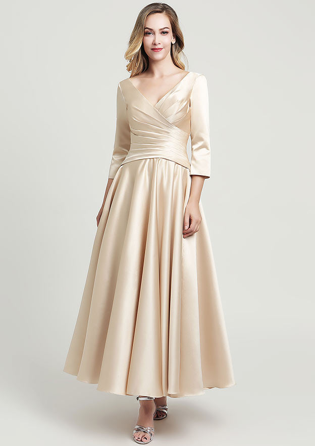 Wedding Guest Dresses Champagne Satin Elegant A-line V Neck 3/4 Sleeve With Pleated Ankle-Length Hot Sale Mother of the Bride Dress