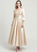 Wedding Guest Dresses Champagne Satin Elegant A-line V Neck 3/4 Sleeve With Pleated Ankle-Length Hot Sale Mother of the Bride Dress