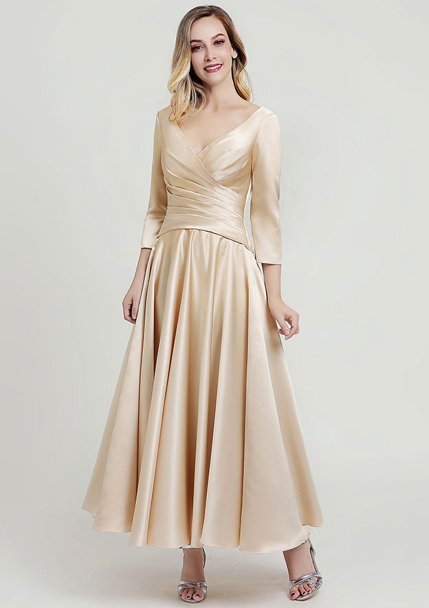 Wedding Guest Dresses Champagne Satin Elegant A-line V Neck 3/4 Sleeve With Pleated Ankle-Length Hot Sale Mother of the Bride Dress