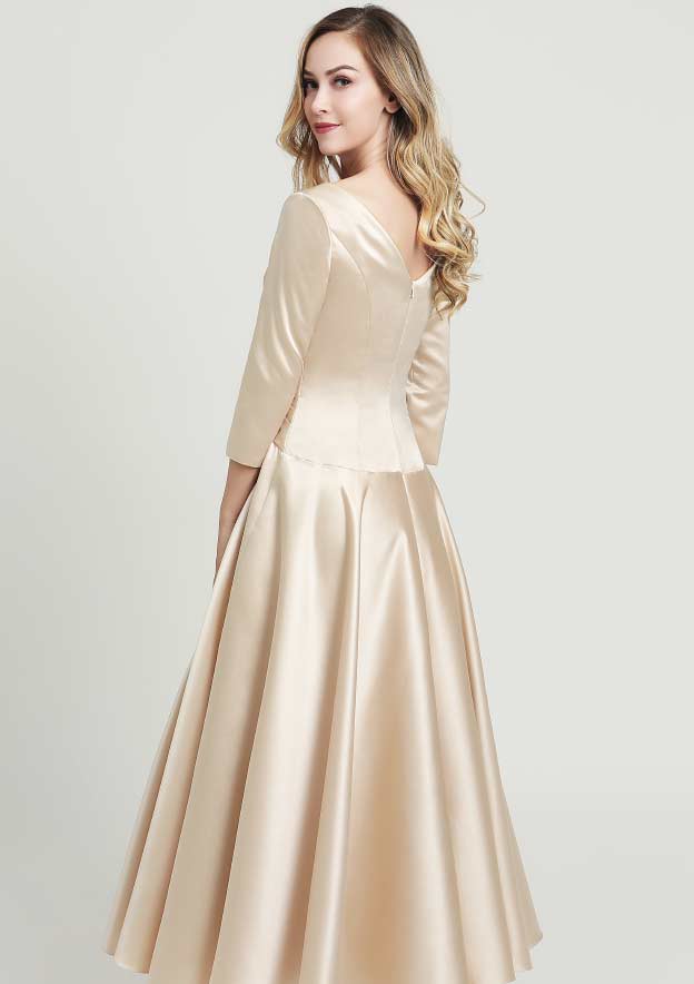 Wedding Guest Dresses Champagne Satin Elegant A-line V Neck 3/4 Sleeve With Pleated Ankle-Length Hot Sale Mother of the Bride Dress