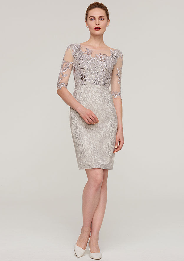 Wedding Guest Dresses Exquisite Sheath/Column Boat Neck Half Sleeve With Sequins Lace Appliqued Knee-Length Hot Sale Mother of the Bride Dress