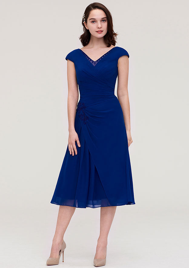 Wedding Guest Dresses Navy Blue Chiffon Sheath V Neck Sleeveless Pleated Appliqued With Long Sleeves Jacket Two-Piece Tea-Length Hot Sale Mother of the Bride Dress