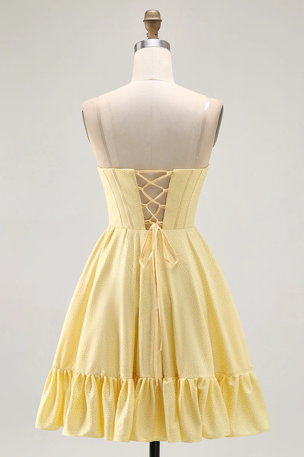 Fashion Short Dress Sparkly Yellow A Line Strapless Corset Pleated Sleeveless with Beading Backless Bargain Homecoming Dress