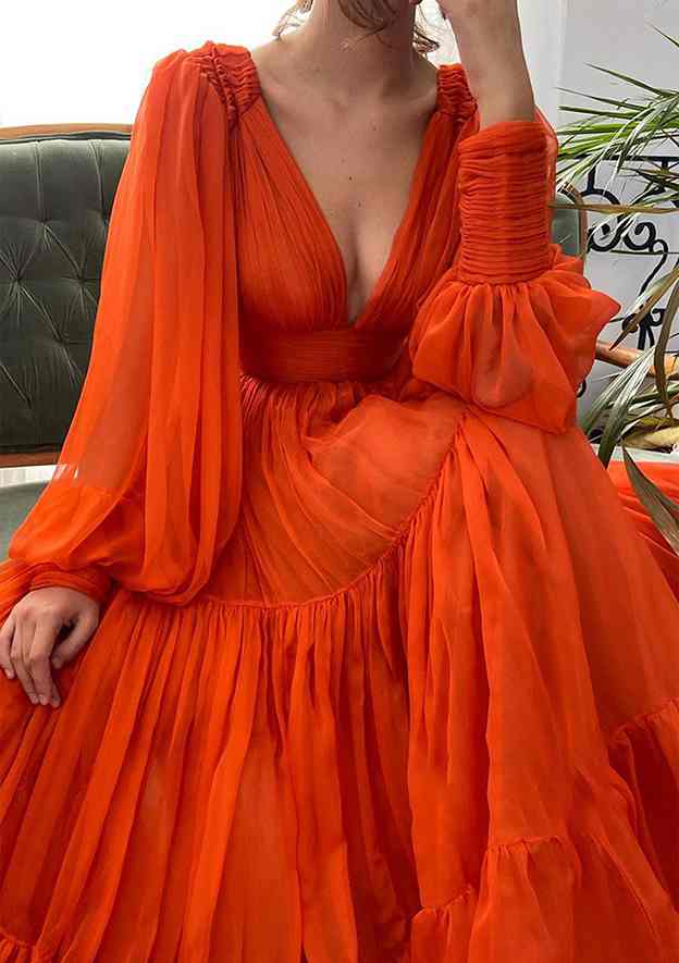 Chiffon Fashion A-line Deep V Neck Long Sleeve With Pleated Hot Sale Long Prom Dress