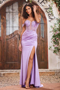 Exquisite Lilac Sheer Lace Applique Mermaid Off Shoulder Sleeveless Pleated With Slit Backless Cheap Long Prom Dress