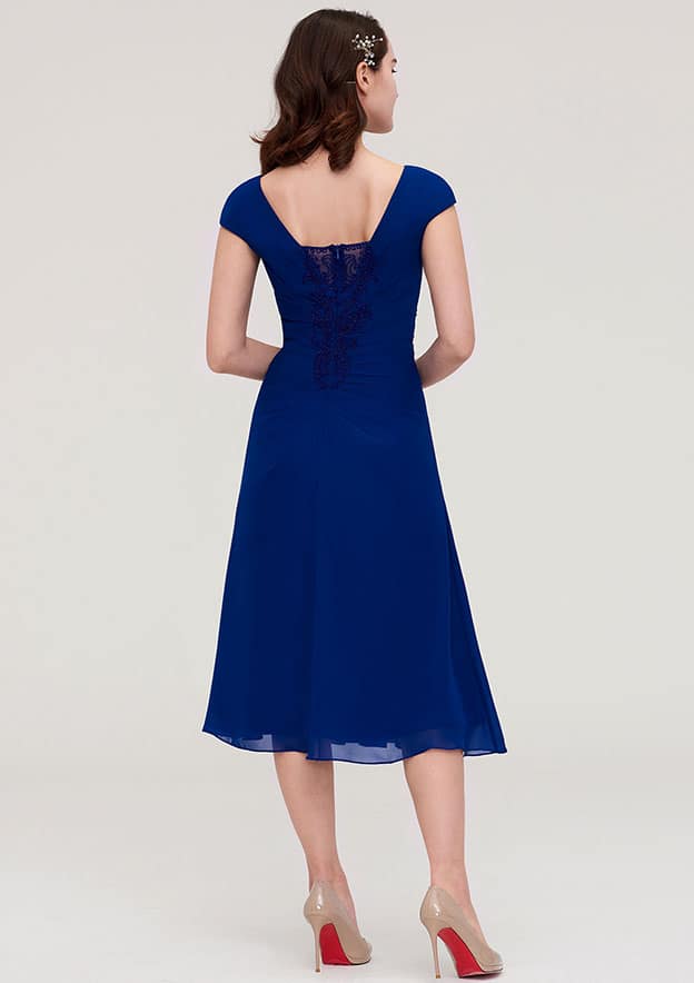 Wedding Guest Dresses Navy Blue Chiffon Sheath V Neck Sleeveless Pleated Appliqued With Long Sleeves Jacket Two-Piece Tea-Length Hot Sale Mother of the Bride Dress