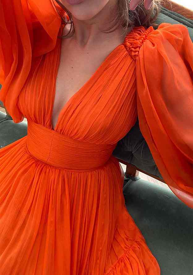 Chiffon Fashion A-line Deep V Neck Long Sleeve With Pleated Hot Sale Long Prom Dress