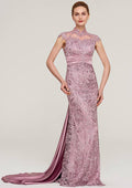 Wedding Guest Dresses Lace Vintage Sheath High-Neck Sleeveless With Pleated Backless Court Train Hot Sale Mother of the Bride Dress