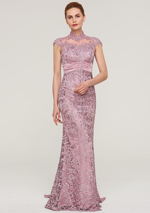 Wedding Guest Dresses Lace Vintage Sheath High-Neck Sleeveless With Pleated Backless Court Train Hot Sale Mother of the Bride Dress