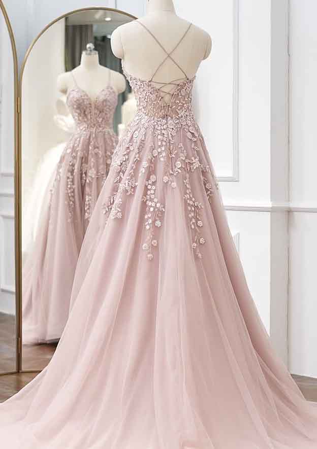 Exquisite Tulle A-line V Neck Spaghetti Straps Sleeveless With Lace Appliqued Beading Backless Hot Sale Long Prom Dress