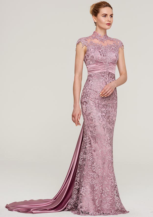 Wedding Guest Dresses Lace Vintage Sheath High-Neck Sleeveless With Pleated Backless Court Train Hot Sale Mother of the Bride Dress