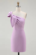 Cute Short Dress Lilac Satin Sheath One Shoulder with Bow Sleeveless Pleated Graduation Dress Bargain Homecoming Dress