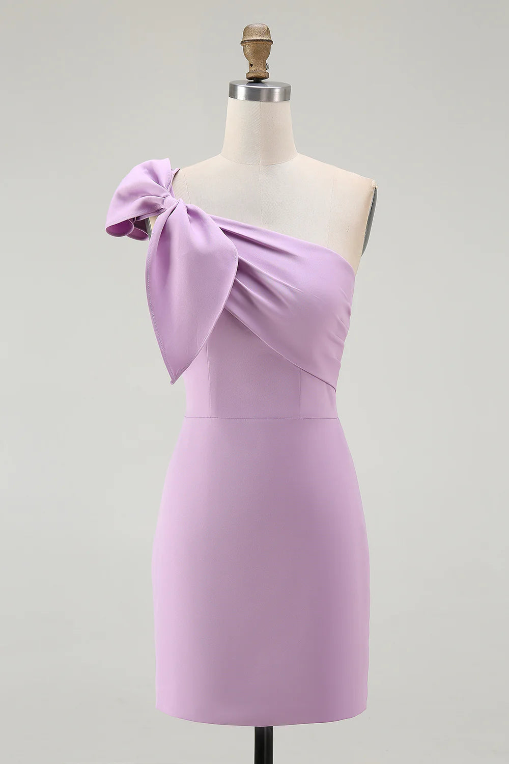 Cute Short Dress Lilac Satin Sheath One Shoulder with Bow Sleeveless Pleated Graduation Dress Bargain Homecoming Dress