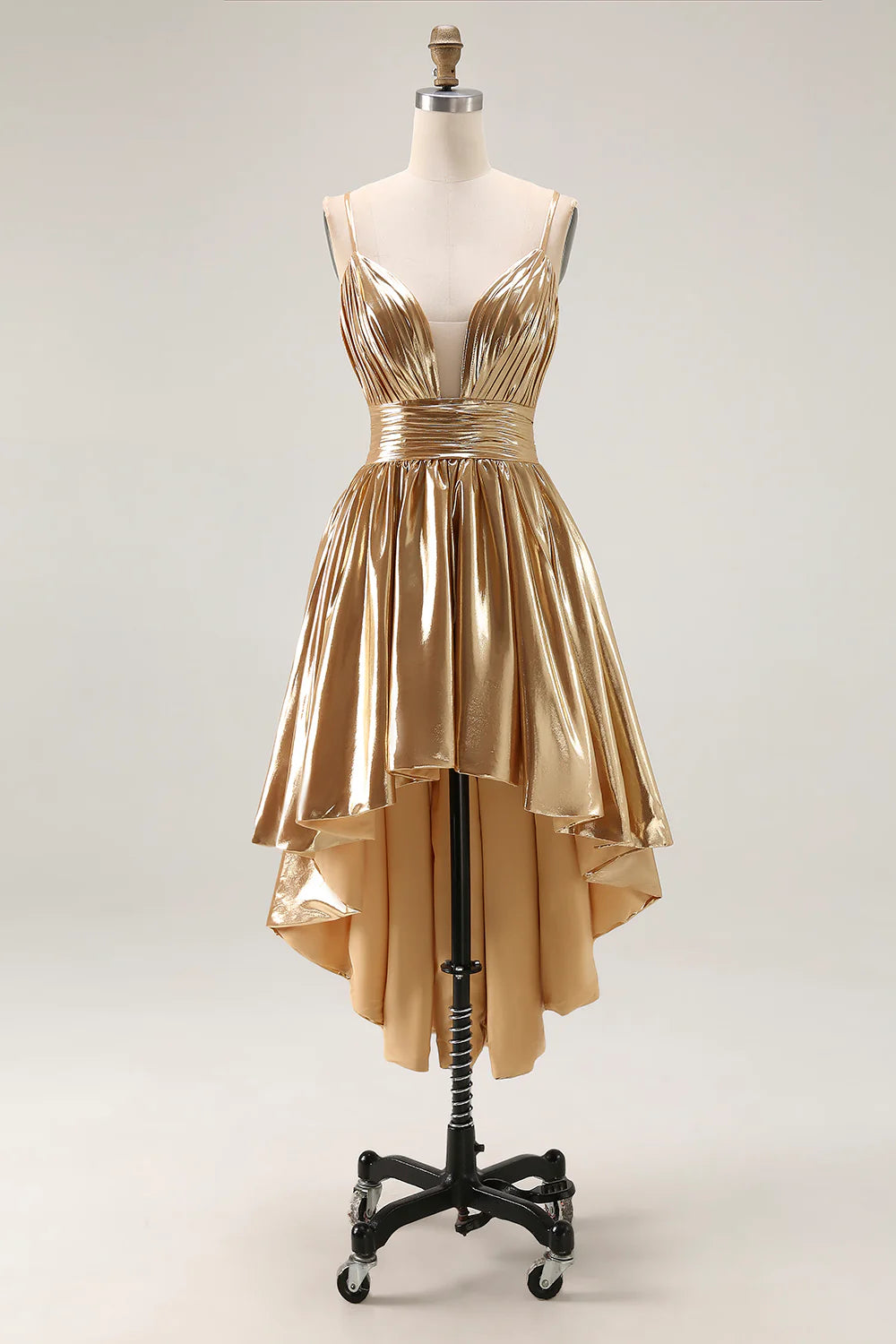 Short Dress Sparkly Metallic Gold A Line Spaghetti Strap Deep V Neck Sleeveless Ruched High-Low Backless Bargain Homecoming Dress