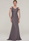 Wedding Guest Dresses Gray Elegant Mermaid V Neck Sleeveless With Sequins Lace Appliqued Sweep Train Hot Sale Mother of the Bride Dress