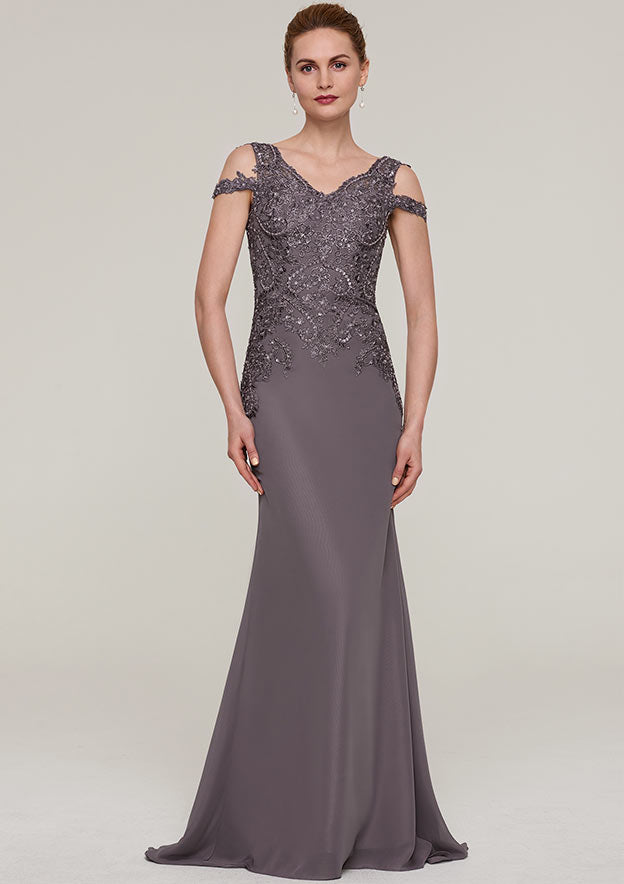 Wedding Guest Dresses Gray Elegant Mermaid V Neck Sleeveless With Sequins Lace Appliqued Sweep Train Hot Sale Mother of the Bride Dress