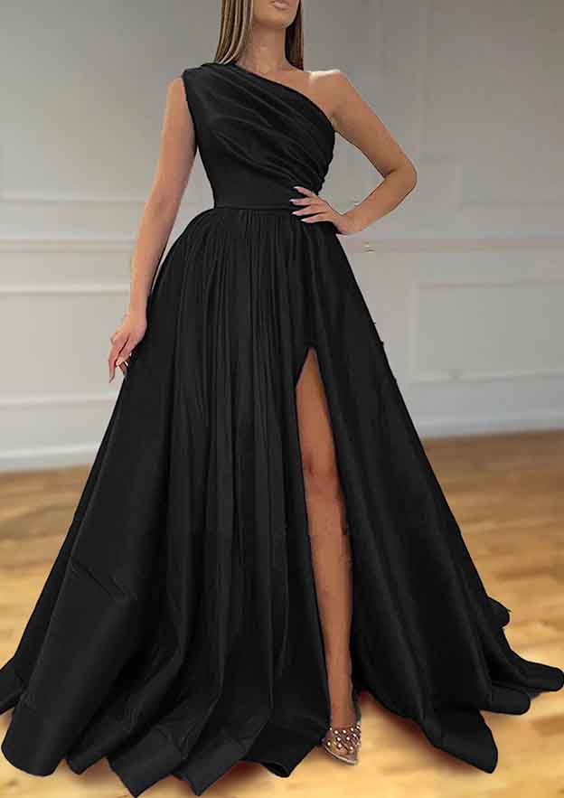 Elegant Satin A-line One-Shoulder Sleeveless With Pleated Split Hot Sale Long Prom Dress