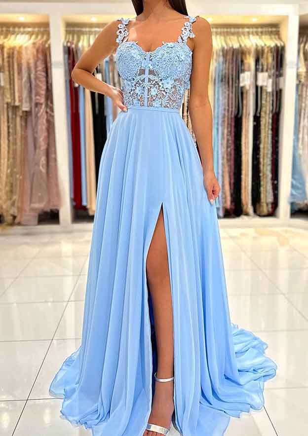 Light Blue Chiffon Elegant A-line Spaghetti Strap Sweetheart Sleeveless With Lace Appliqued Ruched Split Hot Sale Long Prom Dress