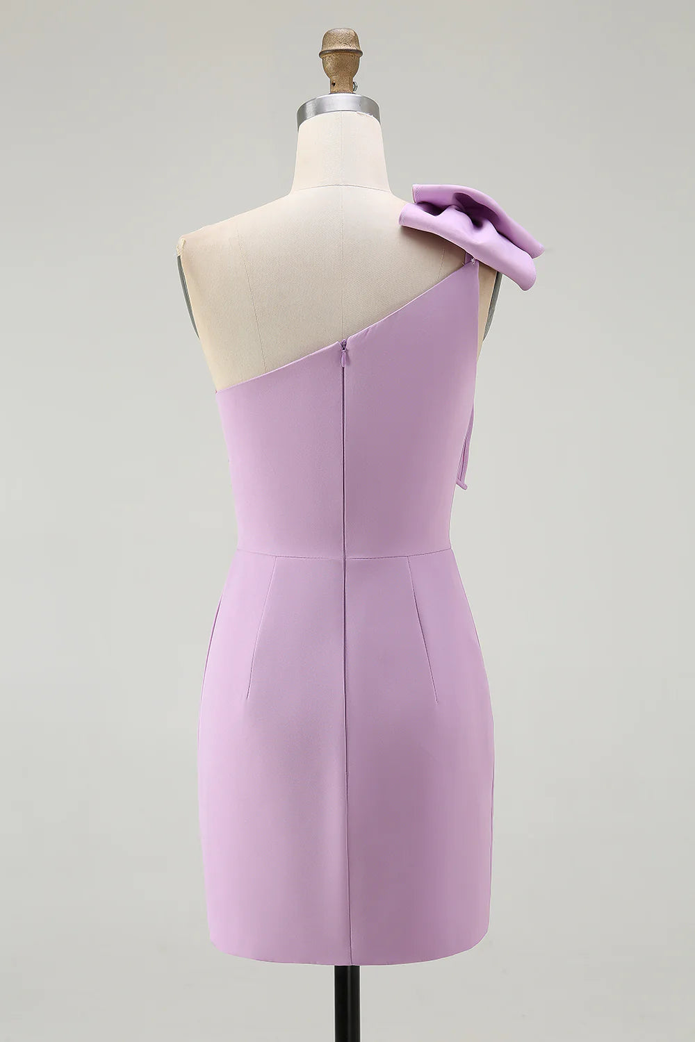 Cute Short Dress Lilac Satin Sheath One Shoulder with Bow Sleeveless Pleated Graduation Dress Bargain Homecoming Dress
