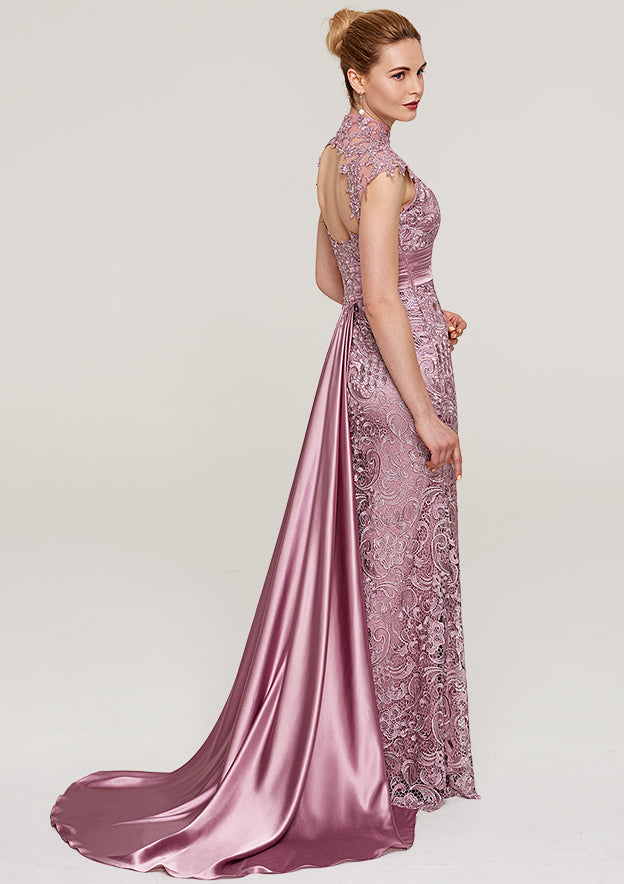 Wedding Guest Dresses Lace Vintage Sheath High-Neck Sleeveless With Pleated Backless Court Train Hot Sale Mother of the Bride Dress