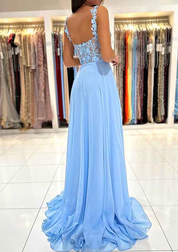 Light Blue Chiffon Elegant A-line Spaghetti Strap Sweetheart Sleeveless With Lace Appliqued Ruched Split Hot Sale Long Prom Dress