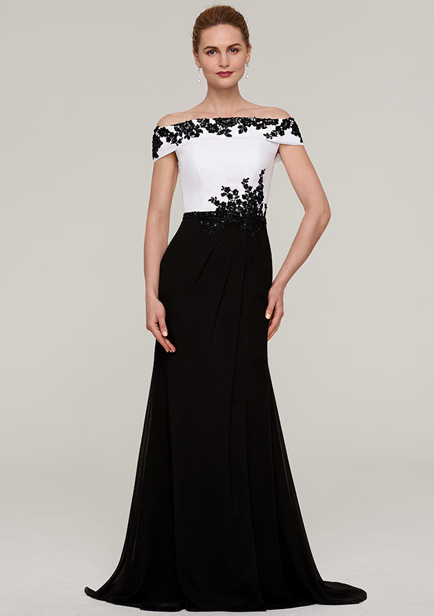 Wedding Guest Dresses Black White Chiffon Elegant A-line Off-the-Shoulder Sleeveless With Split Beading Lace Appliqued Sweep Train Hot Sale Mother of the Bride Dress