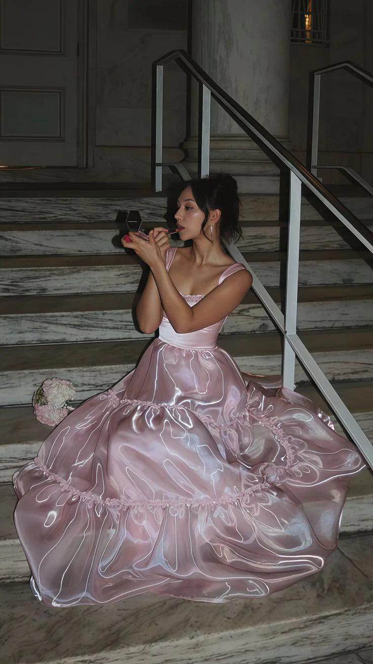 Stylish Pink A Line Spaghetti Straps Sleeveless with Lace Ruffles Backless Sparkle Cheap Long Prom Dress