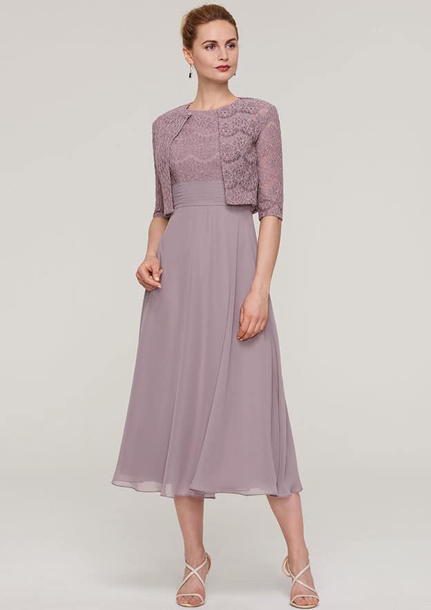 Elegant Chiffon A-line Scoop Neck Sleeveless With 1/2 Sleeve Lace Jacket Two-Piece Tea-Length Hot Sale Mother of the Bride Dress
