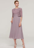 Elegant Chiffon A-line Scoop Neck Sleeveless With 1/2 Sleeve Lace Jacket Two-Piece Tea-Length Hot Sale Mother of the Bride Dress