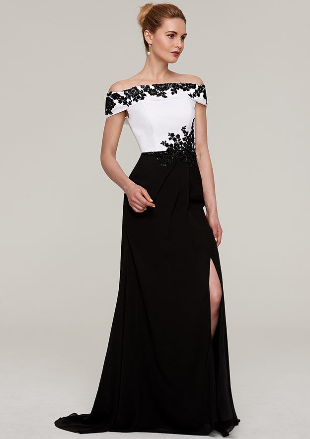 Wedding Guest Dresses Black White Chiffon Elegant A-line Off-the-Shoulder Sleeveless With Split Beading Lace Appliqued Sweep Train Hot Sale Mother of the Bride Dress