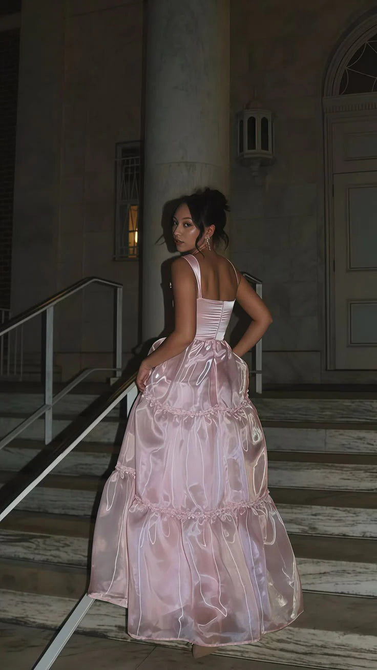 Stylish Pink A Line Spaghetti Straps Sleeveless with Lace Ruffles Backless Sparkle Cheap Long Prom Dress