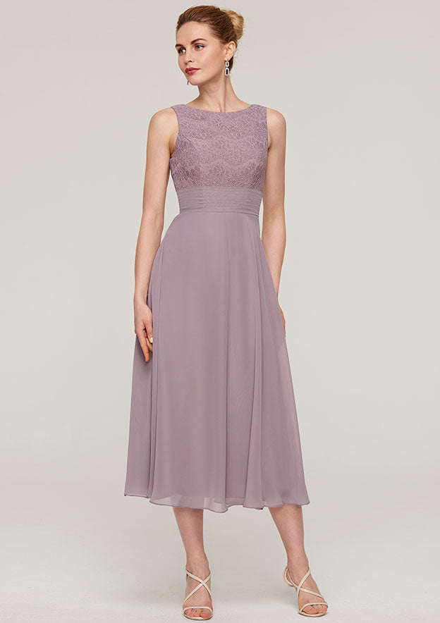 Elegant Chiffon A-line Scoop Neck Sleeveless With 1/2 Sleeve Lace Jacket Two-Piece Tea-Length Hot Sale Mother of the Bride Dress