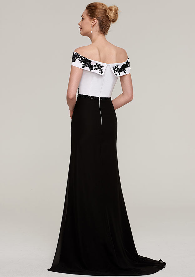 Wedding Guest Dresses Black White Chiffon Elegant A-line Off-the-Shoulder Sleeveless With Split Beading Lace Appliqued Sweep Train Hot Sale Mother of the Bride Dress