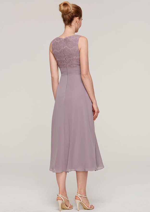 Elegant Chiffon A-line Scoop Neck Sleeveless With 1/2 Sleeve Lace Jacket Two-Piece Tea-Length Hot Sale Mother of the Bride Dress
