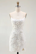 Luxury Short Dress Sparkly White Tight Spaghetti Strap Sleeveless 3D Floral with Beading Side Fork Backless Bargain Homecoming Dress