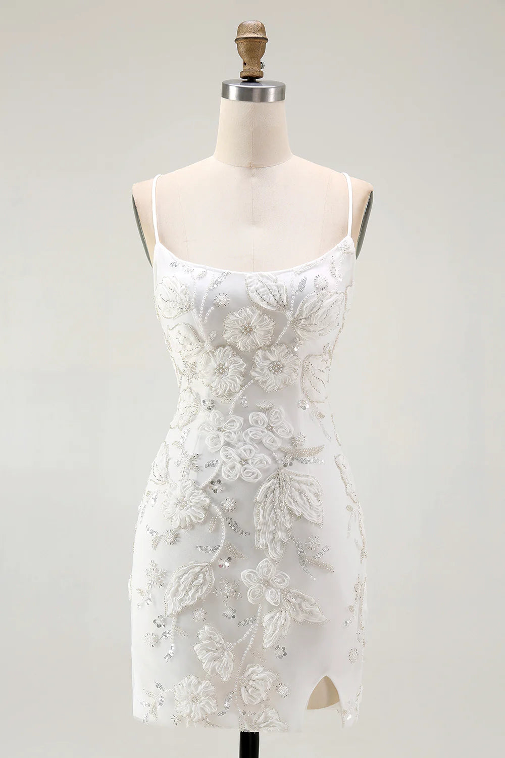 Luxury Short Dress Sparkly White Tight Spaghetti Strap Sleeveless 3D Floral with Beading Side Fork Backless Bargain Homecoming Dress