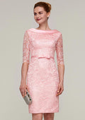 Wedding Guest Dresses Coral Lace Elegant Sheath Bateau Half Sleeve With Waistband Bowknot V Back Knee-Length Hot Sale Mother of the Bride Dress