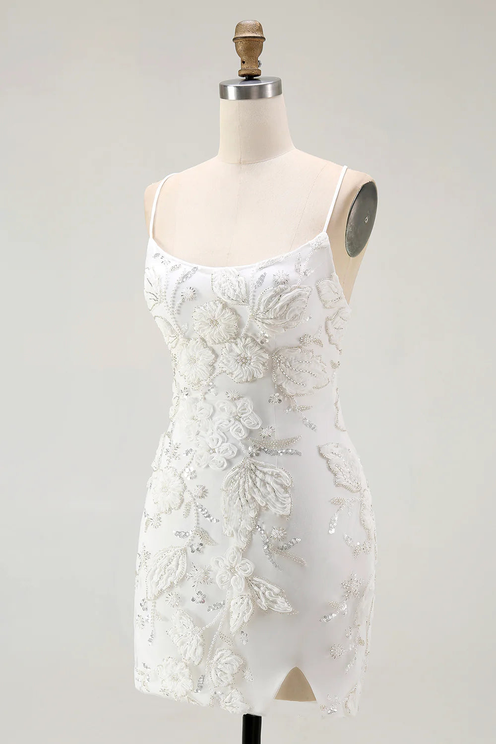 Luxury Short Dress Sparkly White Tight Spaghetti Strap Sleeveless 3D Floral with Beading Side Fork Backless Bargain Homecoming Dress