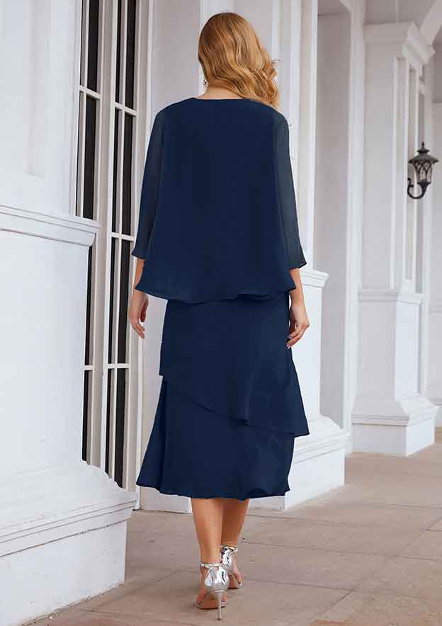 Navy Blue Chiffon Elegant A-line Bateau Pleated With 3/4 Long Sleeve Jacket Two-Piece Layering Ruffles Tea-Length Hot Sale Mother of the Bride Dress