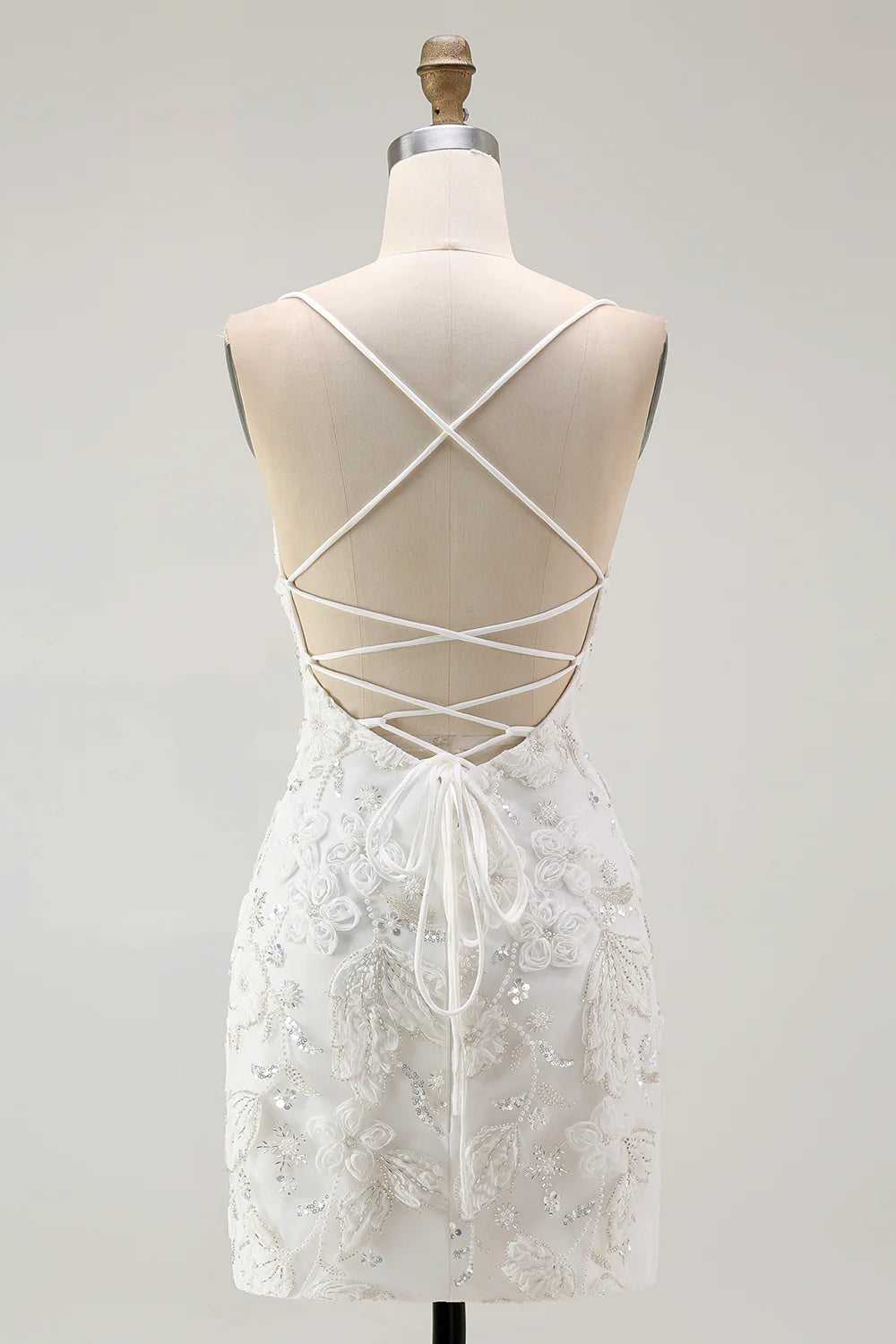 Luxury Short Dress Sparkly White Tight Spaghetti Strap Sleeveless 3D Floral with Beading Side Fork Backless Bargain Homecoming Dress