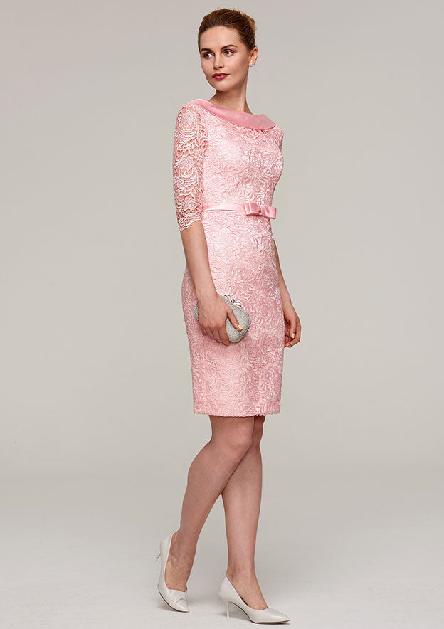 Wedding Guest Dresses Coral Lace Elegant Sheath Bateau Half Sleeve With Waistband Bowknot V Back Knee-Length Hot Sale Mother of the Bride Dress