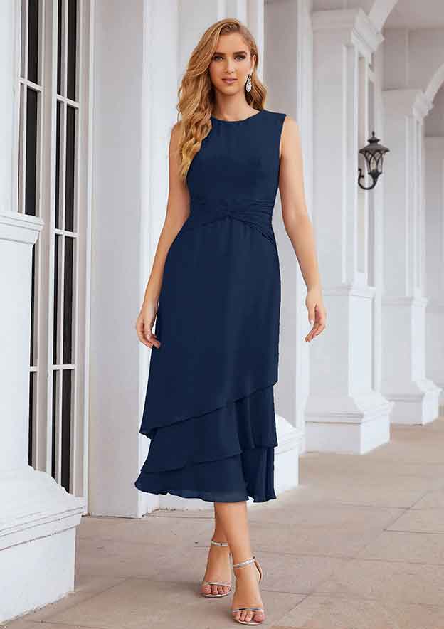 Navy Blue Chiffon Elegant A-line Bateau Pleated With 3/4 Long Sleeve Jacket Two-Piece Layering Ruffles Tea-Length Hot Sale Mother of the Bride Dress