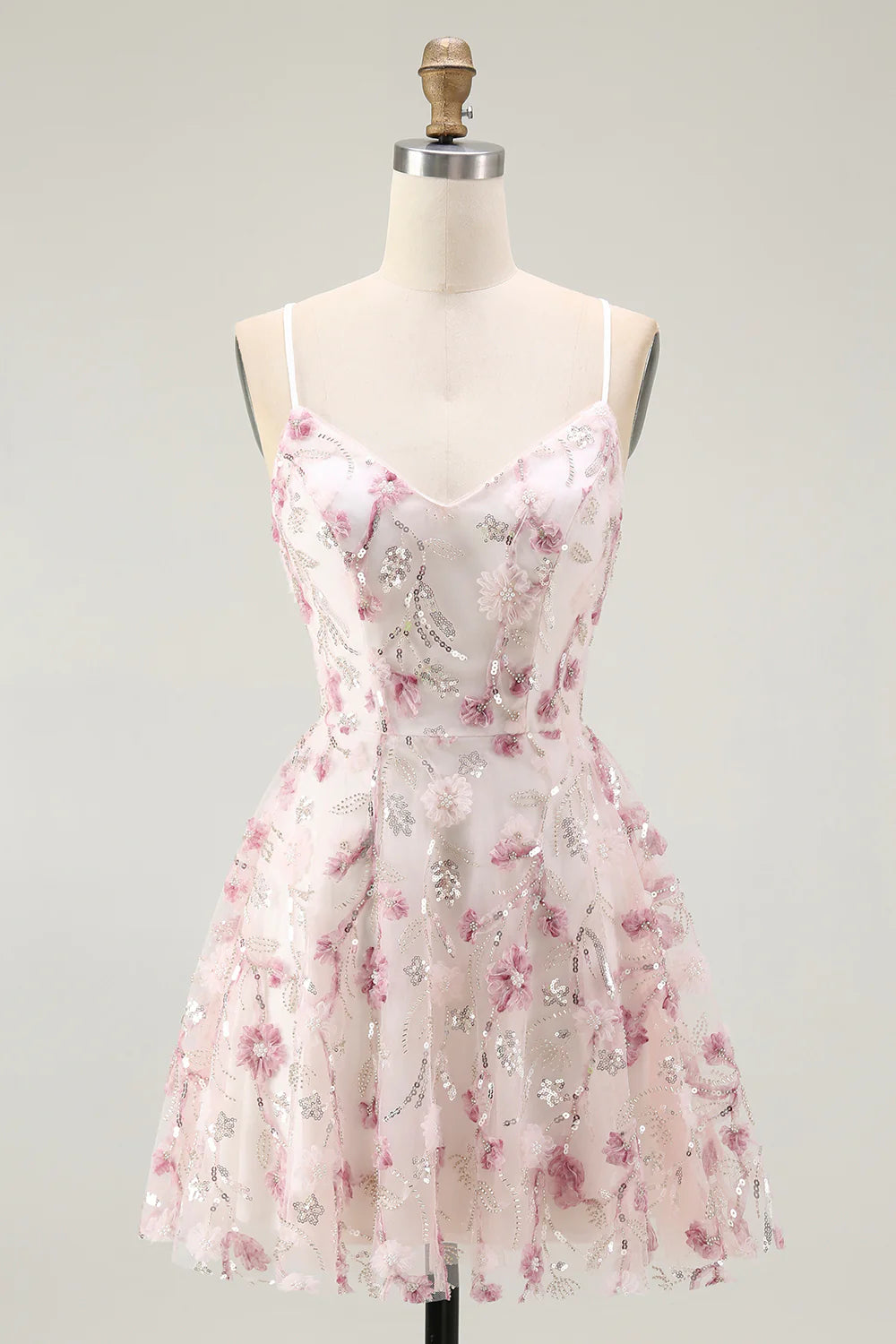 Fashion Short Dress Sparkly Pink A Line Spaghetti Strap V Neck Sleeveless 3D Floral with Sequins Backless Bargain Homecoming Dress