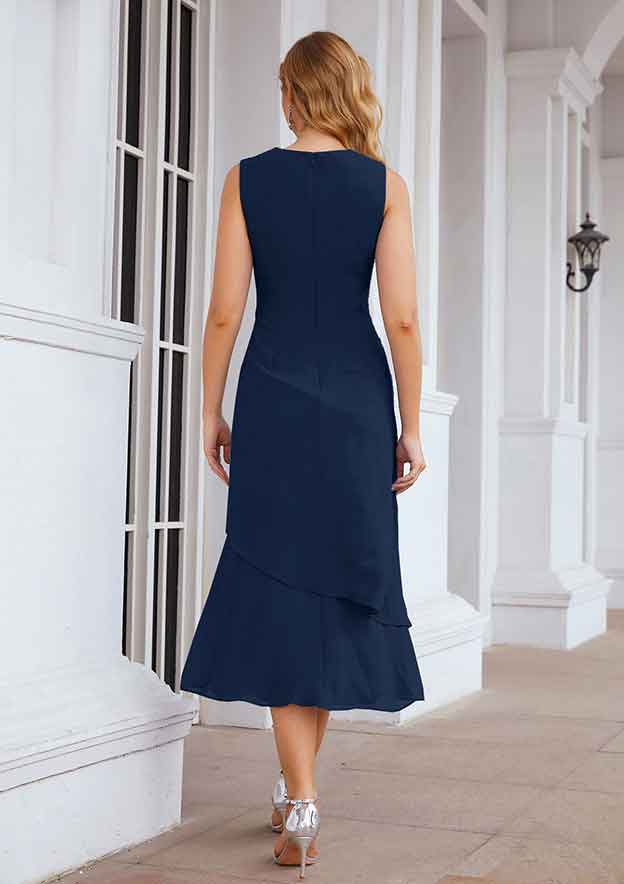 Navy Blue Chiffon Elegant A-line Bateau Pleated With 3/4 Long Sleeve Jacket Two-Piece Layering Ruffles Tea-Length Hot Sale Mother of the Bride Dress